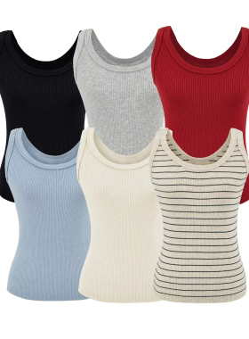 辣妹u领条纹针织背心女外穿弹力紧身性感打底内搭宽肩带无袖上衣