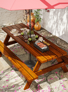 防腐木户外大排档烧烤露天带伞桌椅室外庭院民宿外摆连体休闲组合