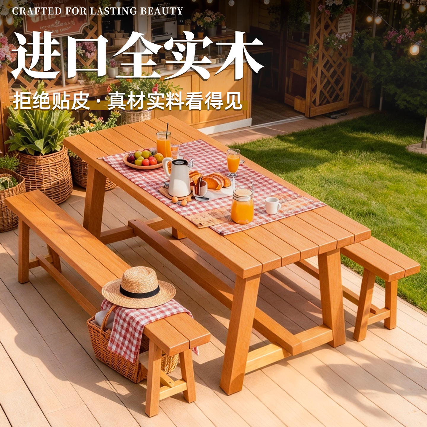 法式田园风格户外桌椅组合咖啡馆网红打卡外摆桌椅休闲长条桌凳