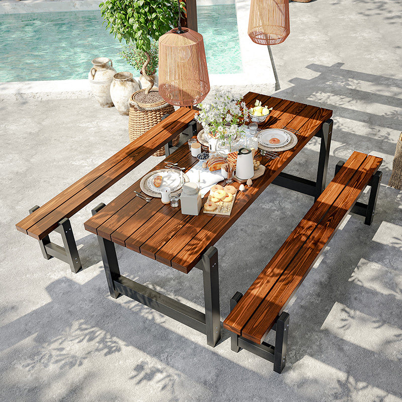 户外天台桌椅三件套防腐木庭院网红农村院子里的餐饮桌椅套装商用