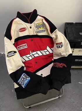 国潮美式复古赛车服男女情侣棒球服vintage外套夹克机车服ins
