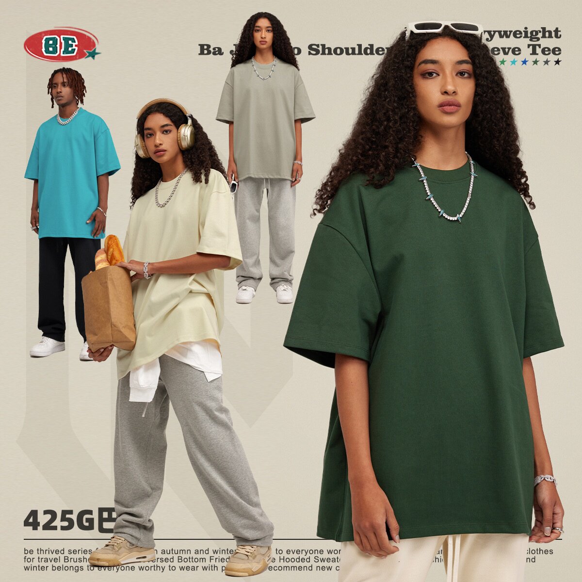 BE男装2025巴家纯棉t恤重磅宽松青少年短袖男t夏季潮牌短袖t恤男