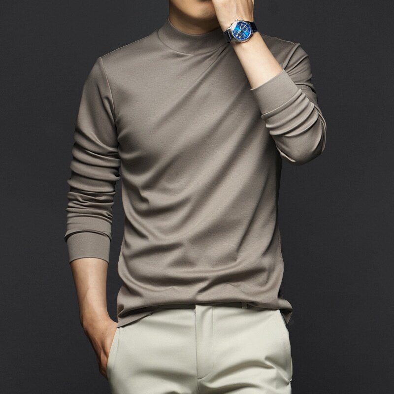 高档液氨丝光棉长袖t恤男春秋季百搭秋衣抗静电内搭半高领上衣男