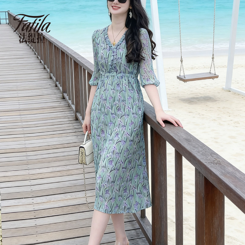 v领碎花真丝连衣裙夏新款高腰
