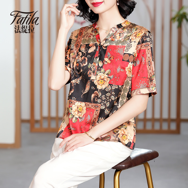 中老年妈妈缎面重磅真丝衬衫女短袖春夏新款大码印花桑蚕丝上衣女