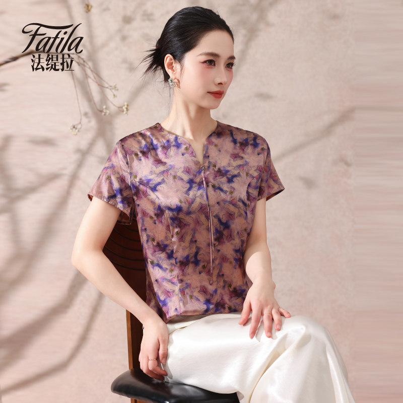 新中式重磅真丝上衣女短袖春夏新款缎面印花桑蚕丝衬衫妈妈装小衫