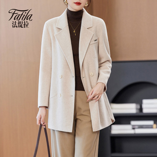 米白色西装领双面零羊绒大衣女中长款秋冬新款双面呢羊毛呢外套女