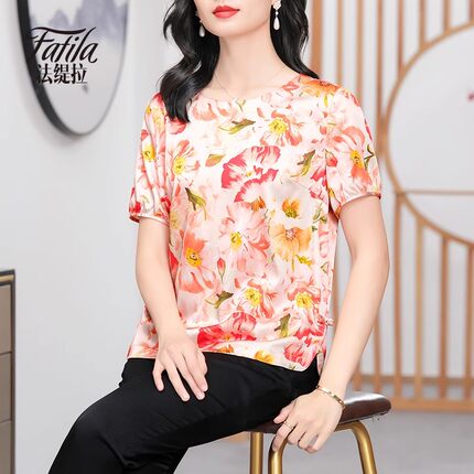 缎面重磅真丝衬衫女短袖春夏新款印花大码中老年妈妈桑蚕丝上衣女