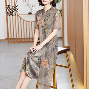 新中式重磅真丝连衣裙夏季新款大码显瘦桑蚕丝裙子中老年妈妈旗袍