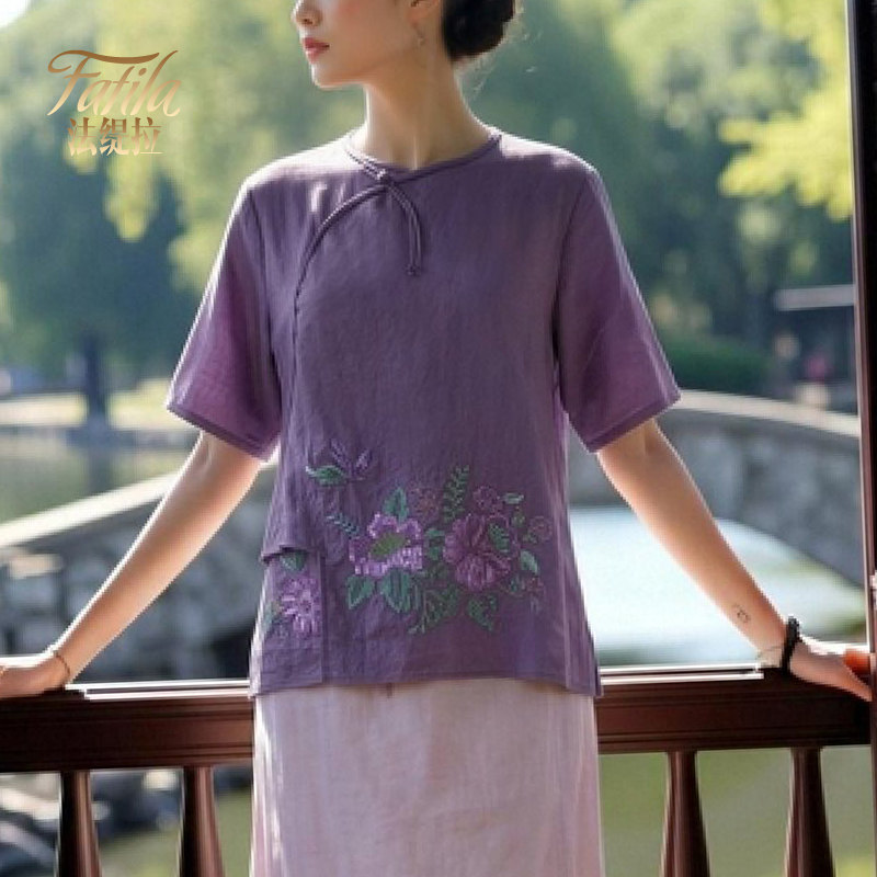 复古文艺风亚麻衬衫女夏短袖