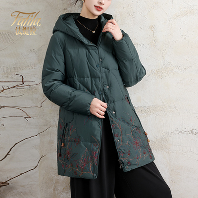 绿色连帽轻薄羽绒服女中长款冬装