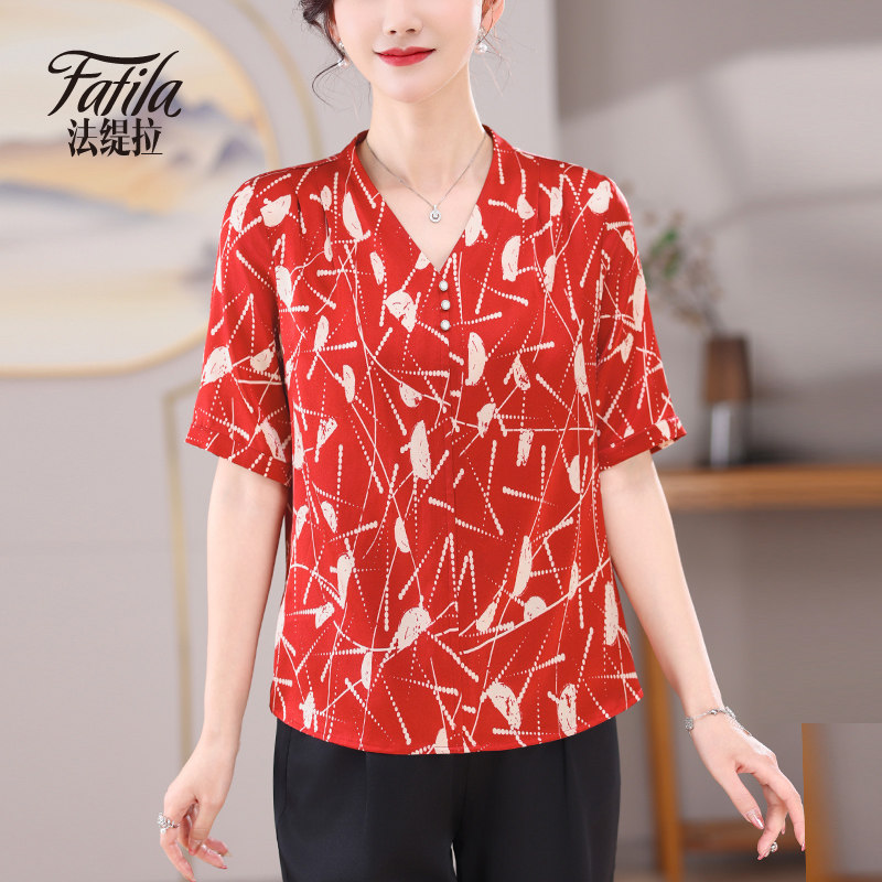 红色重磅真丝衬衫女短袖夏新款