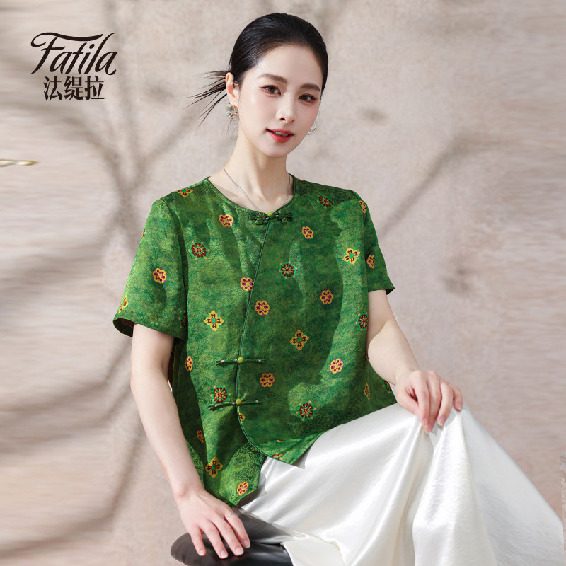 新中式香云纱真丝衬衫女短袖夏新款大码印花桑蚕丝上衣中老年妈妈
