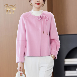 新中式双面羊绒大衣女短款新款小个子粉色手工双面呢羊毛呢外套女