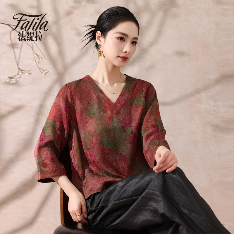 中老年妈妈v领香云纱真丝上衣