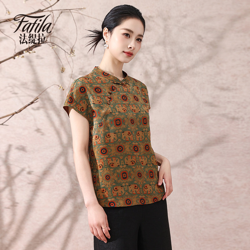 香云纱真丝上衣女短袖新款春夏中老年妈妈装复古新中式桑蚕丝衬衫