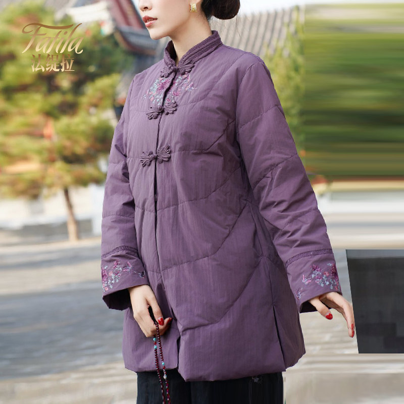 复古新中式轻薄羽绒服女中长款新款绣花改良版汉服外套洋气妈妈装