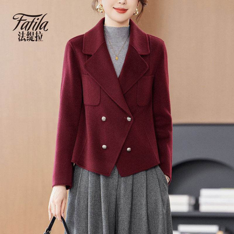 红色双面零羊绒大衣女短款秋冬新款小个子手工双面呢羊毛呢外套女