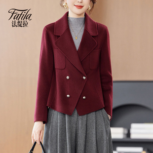 红色双面零羊绒大衣女短款秋冬新款小个子手工双面呢羊毛呢外套女