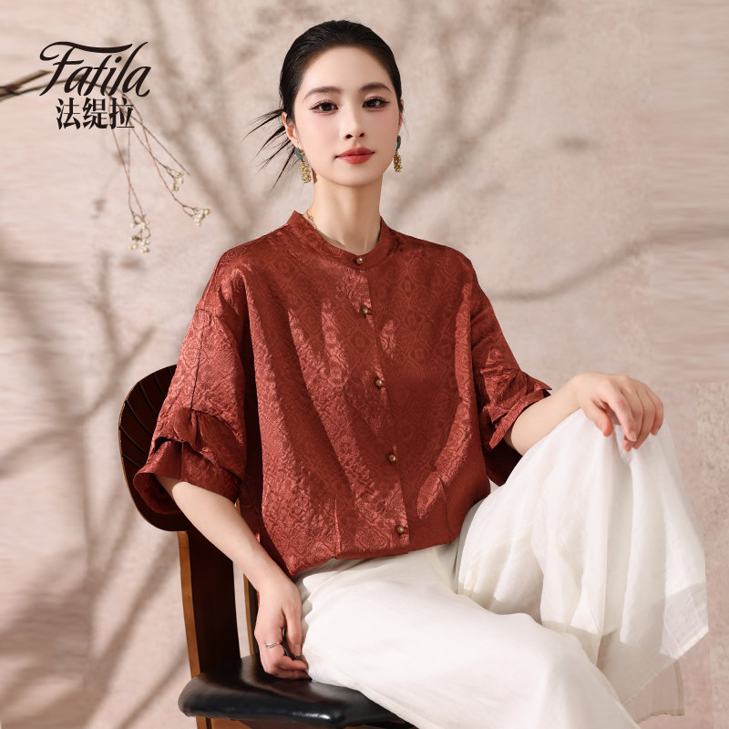 红色香云纱真丝衬衫女中袖春夏
