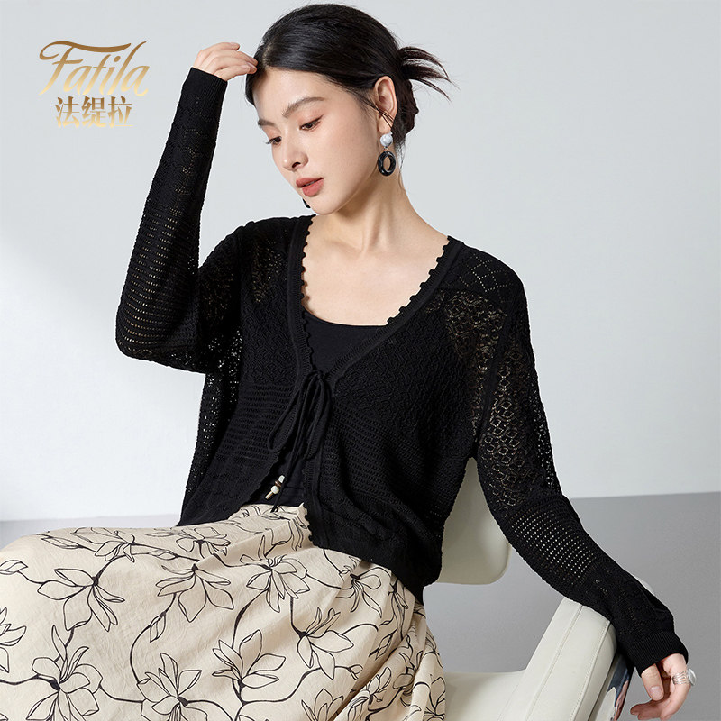 时尚黑色真丝针织开衫女长袖春夏