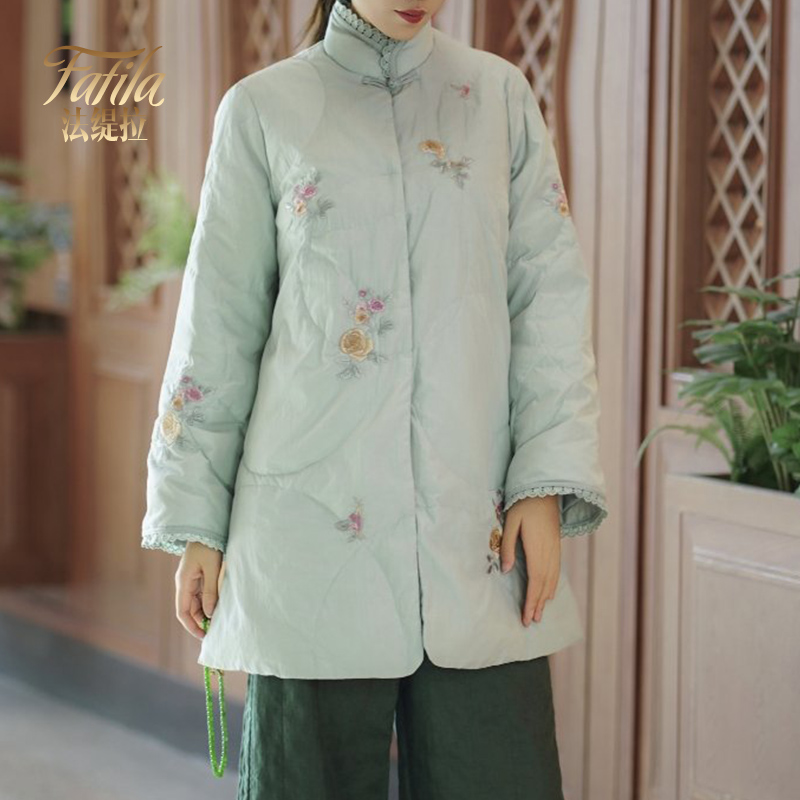 立领刺绣轻薄羽绒服女中长款冬装