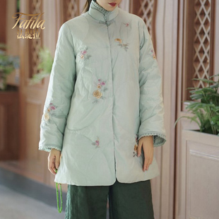 立领刺绣轻薄羽绒服女中长款冬装新款新中式保暖外套改良版汉服女