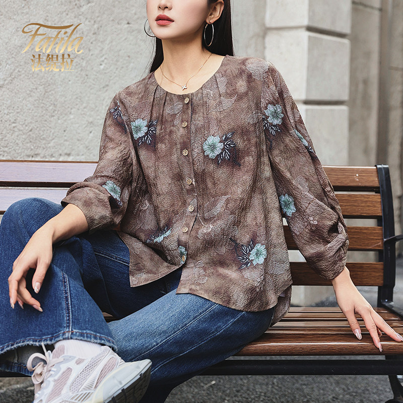 时尚圆领真丝衬衫女七分袖新款夏