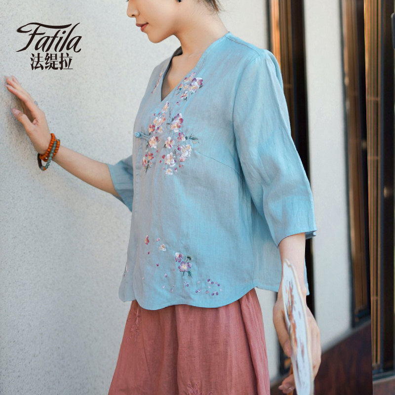新中式文艺风亚麻衬衫女中袖夏季