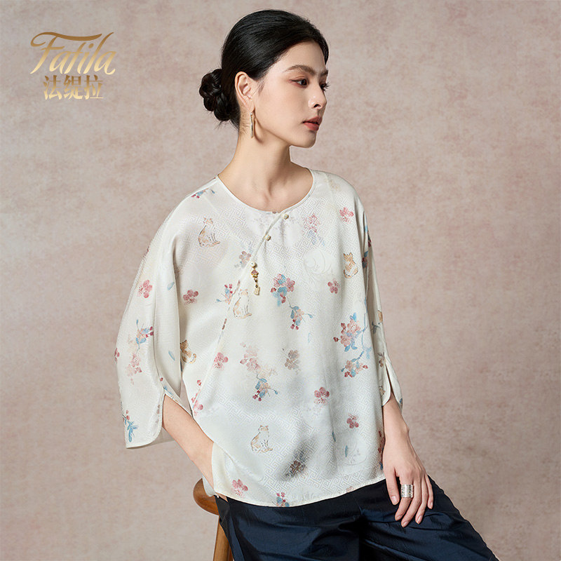 白色印花重磅真丝衬衫女七分袖