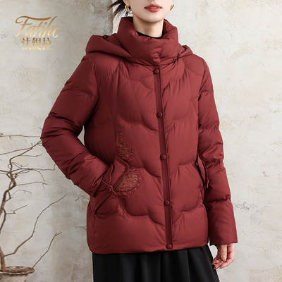 红色连帽羽绒服女短款冬装新款