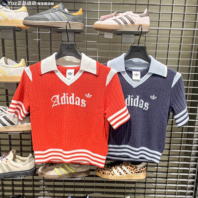 阿迪达斯三叶草女子2026夏新款针织毛线休闲短袖T恤KT3047 KT3048