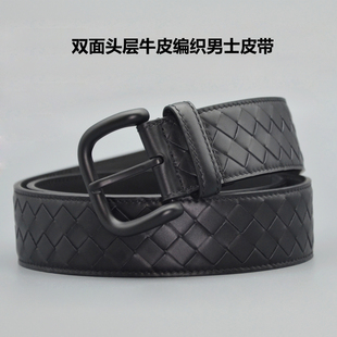 新款头层牛皮编织皮带男真皮休闲百搭纯手工男士针扣黑色腰带bv37