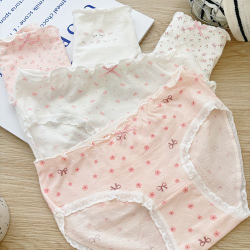 粉白碎花蝴蝶结少女内裤