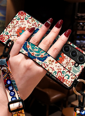 适用三星Z Fold6手机壳新款zfold5手机壳W24网红色花23左右折叠屏ZFold4外壳腕带斜挎女zfold3保护套中国风马