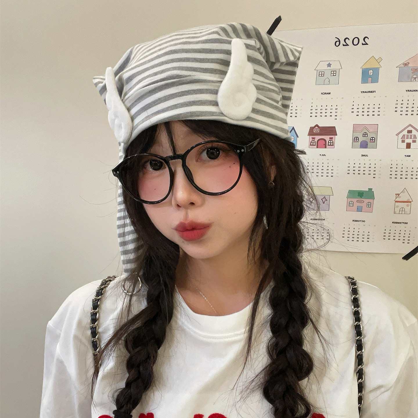 2026新款小众y2k可爱条纹兔子耳朵包头帽亚文化甜酷套头月子帽女