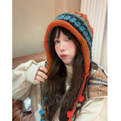 日杂风设计师款 手工钩针彩色球毛线帽子女秋冬系带流苏套头冷帽潮