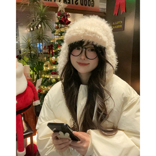定制款白色毛绒护耳帽女秋冬防风护耳雷锋帽保暖滑雪帽防寒飞行帽