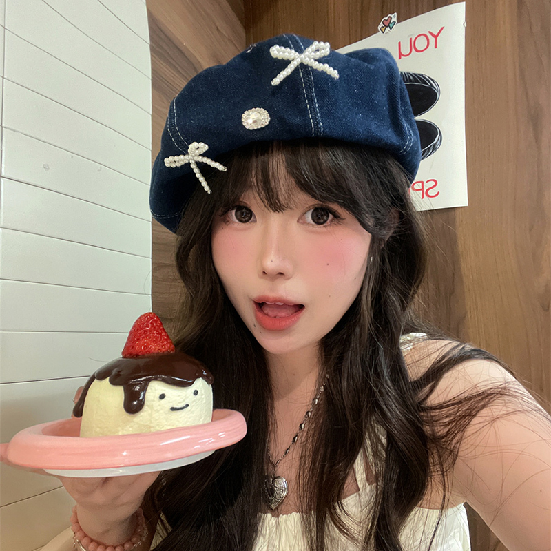 蝴蝶结牛仔贝雷帽女2024春夏新款显脸小蓓蕾帽画家帽圆脸显脸小潮