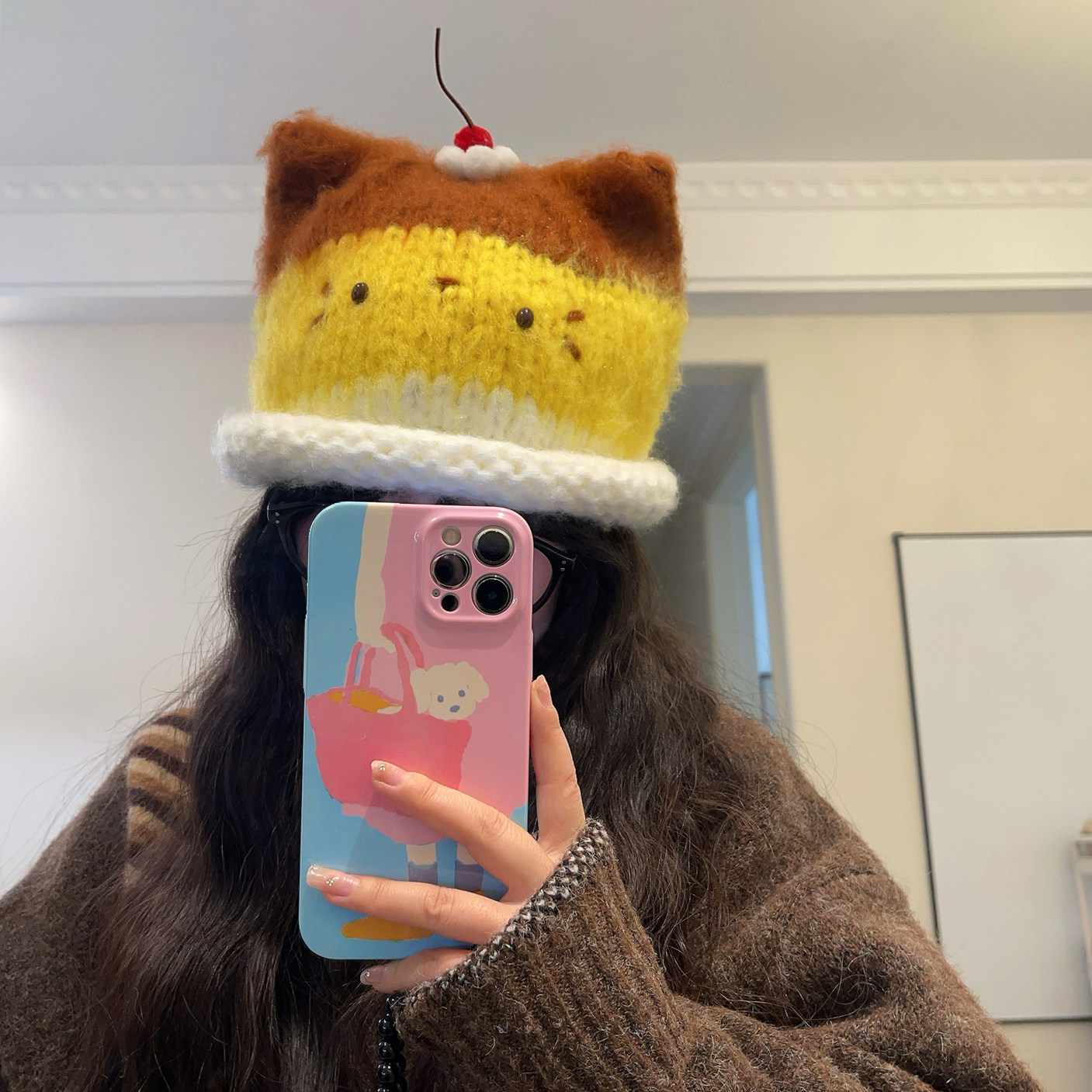 可爱原创卡通布丁猫耳朵毛绒帽子女秋冬保暖护耳显脸小针织套头帽