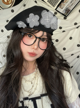 宅女同款黑色花花弹力针织贝雷帽