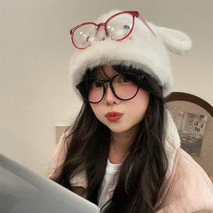 可爱眼镜小白毛绒耳朵雷锋帽子女冬季加绒保暖百搭甜美风护耳帽潮