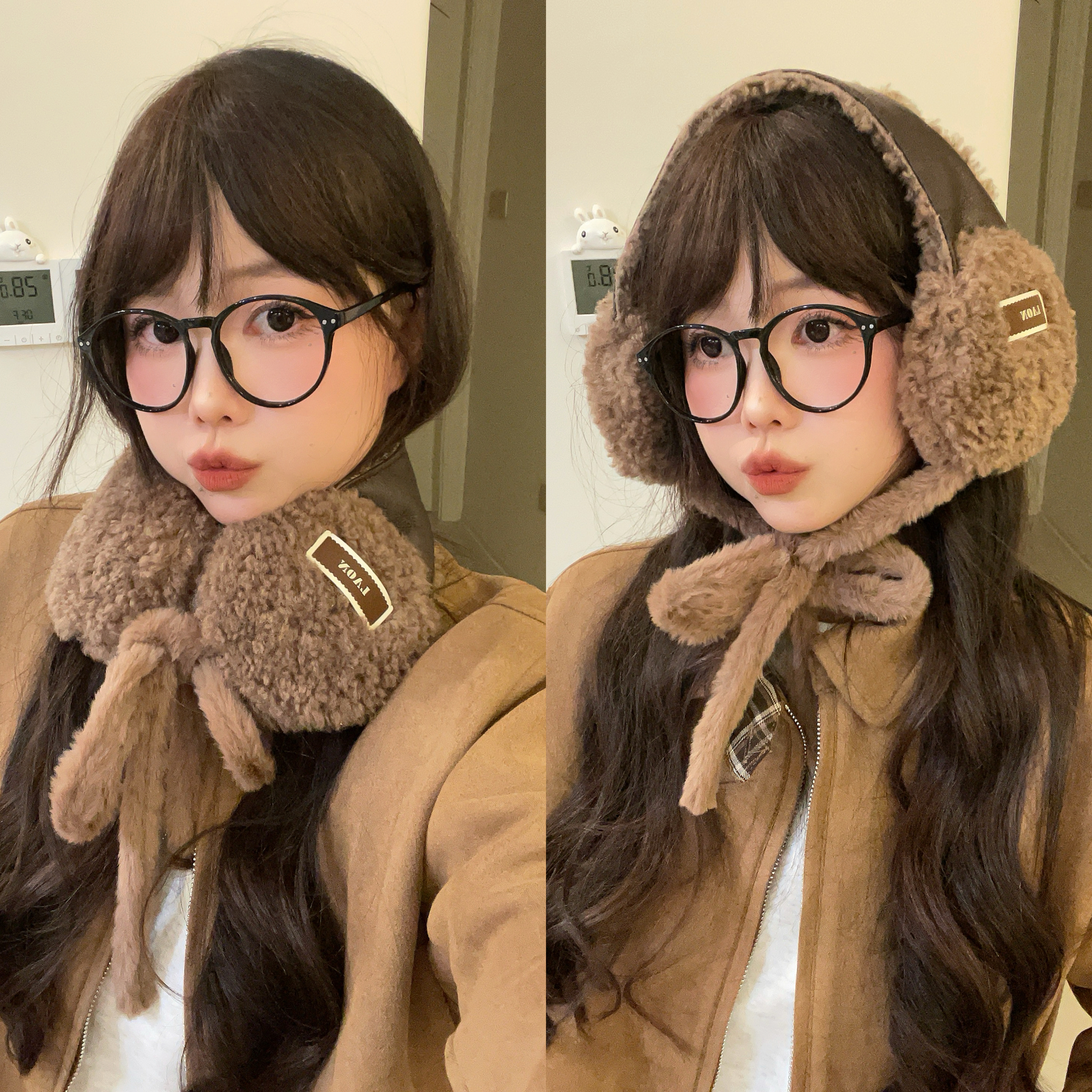 新款棕色护耳羊羔绒耳罩绑带女秋冬天保暖系带防风户外骑行耳套包