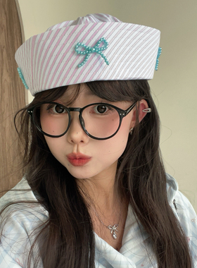 日系蝴蝶结水手帽子女甜美条纹jk翻檐海军帽贝雷帽显脸小护士帽潮