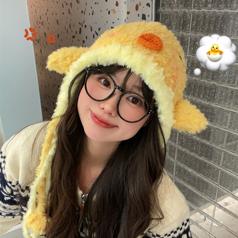 日系可爱腮红小鸡毛绒帽女2024年冬毛绒针织帽护耳百搭辫子雷锋帽