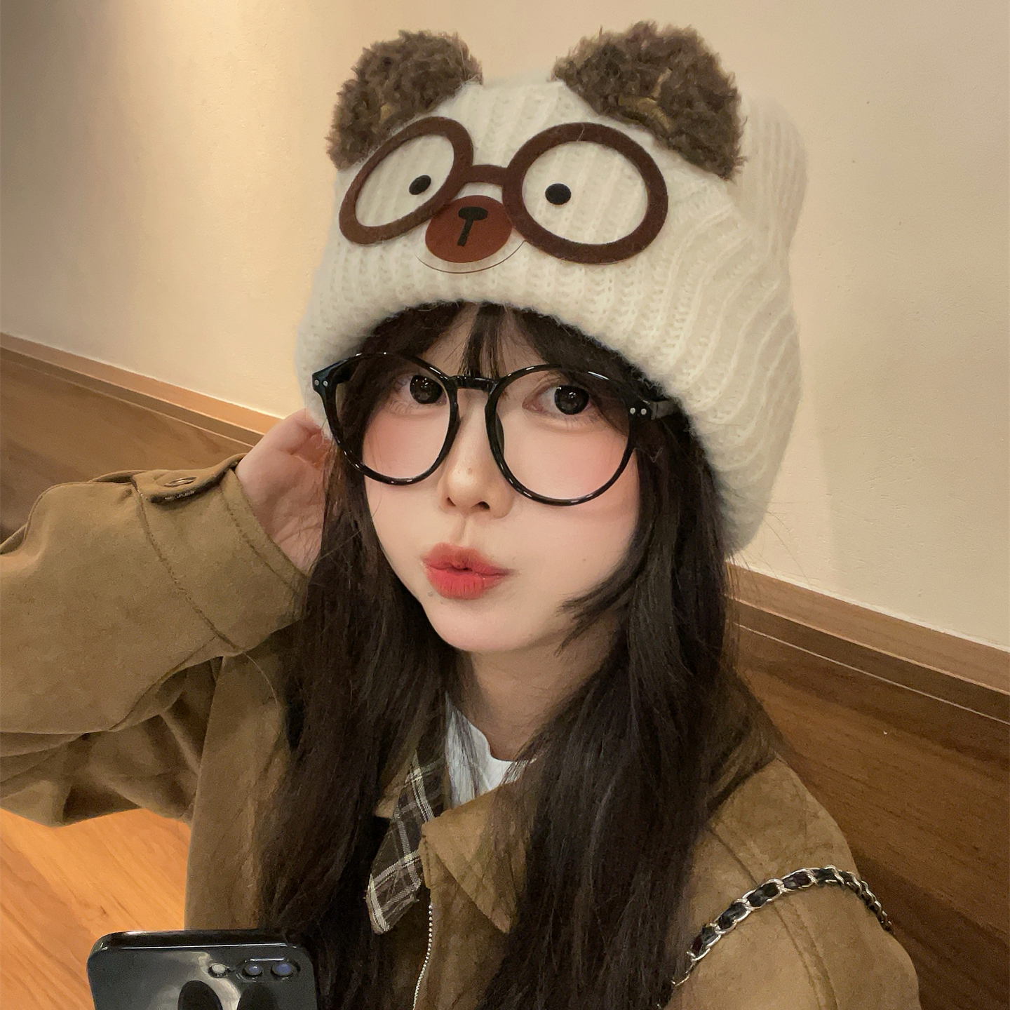 可爱卡通眼镜小猫毛线帽女秋冬加厚保暖针织套头帽韩版百搭显脸小