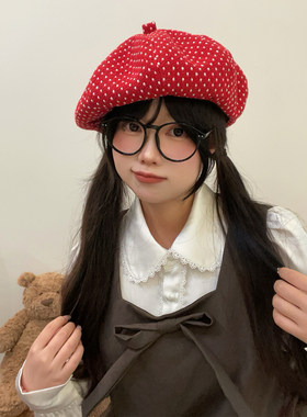 新年红色波点贝雷帽子女百搭显白