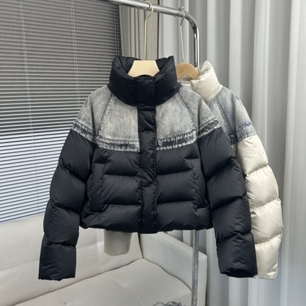 新款90白鸭绒羽绒服女小个子短款牛仔拼接面包服立领加厚冬装外套