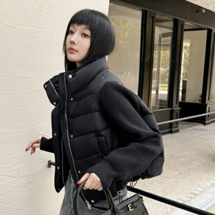 针织拼接短款90白鸭绒排骨羽绒服女新款立领加厚明摩冬小个子外套