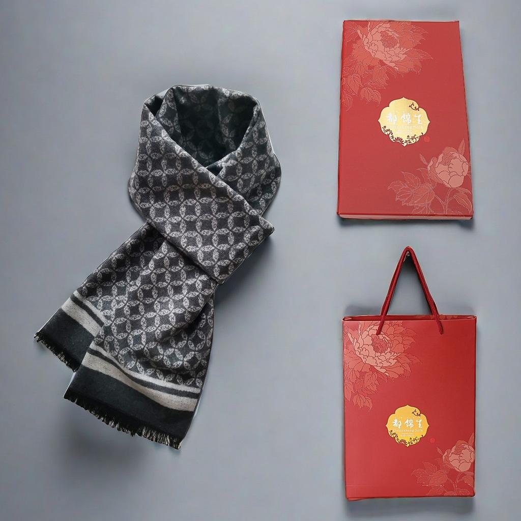 亿点财富都锦生礼盒装桑蚕丝围巾男高级感真丝加厚丝巾冬商务送礼